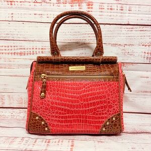 Samantha Brown Coral Pink & Brown Croc-Embossed Travel Satchel